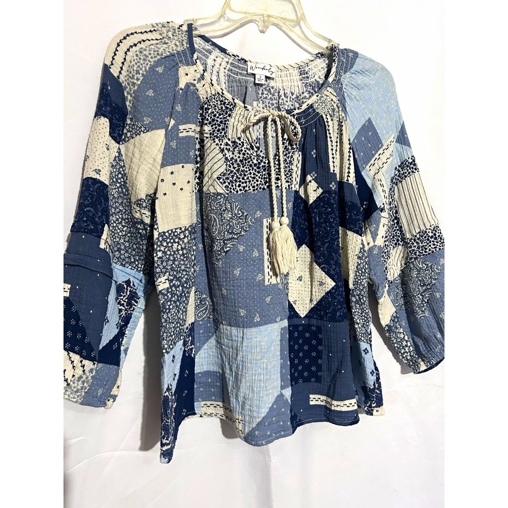 Wonderly Blue White Patchwork Knit Cotton Tie Neck Tassel Top Women's S